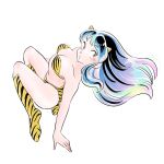  1girl amamorituyuko animal_print bikini boots breasts cleavage eyelashes floating green_hair highres horns long_hair looking_at_viewer looking_up lum multicolored_hair oni_horns orange_eyes simple_background strapless strapless_bikini swimsuit tiger_print urusei_yatsura white_background 