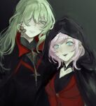 2girls :d black_cloak black_shirt blue_eyes character_request check_character cloak closed_mouth commentary crysangria elysia_(honkai_impact) fang green_eyes green_hair grey_background hair_over_one_eye highres honkai_(series) honkai_impact_3rd hood hood_up hooded_cloak long_hair looking_at_viewer mobius_(honkai_impact) multiple_girls pink_hair pointy_ears red_vest shirt smile symbol-only_commentary upper_body vest 