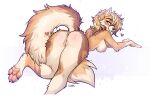  absurd_res anthro anus blonde_hair breasts butt canid canine canis domestic_dog f-r95 feet female fluffy fluffy_tail genitals hair hair_over_eye heart_(marking) hi_res looking_back lying mammal nipples nude on_front one_eye_obstructed pawpads pussy rear_view smile solo tail 