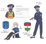  absurdres blonde_hair budapest collared_shirt english_text gun handgun hat high-visibility_vest highres hungary insignia jacket mask necktie original police police_uniform policewoman reference_sheet shirt shoes skirt uniform user_kneh2877 weapon yellow_eyes 