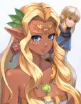  1boy 1girl blonde_hair blue_eyes body_markings braid breasts dark-skinned_female dark_skin dress earrings facial_tattoo green_eyes hair_intakes head_wreath highres jewelry link long_hair long_pointy_ears parted_bangs pointy_ears princess saburou_(jako) solo sonia_(zelda) spoilers strapless strapless_dress tattoo the_legend_of_zelda the_legend_of_zelda:_tears_of_the_kingdom tiara traditional_clothes very_long_hair white_dress 