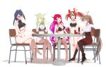  5girls alternate_costume angelchama animal_ear_fluff animal_ears antlers asymmetrical_legwear black_bra black_hair black_panties blue_bra blue_eyes blue_hair blue_panties blush bra braid breasts brown_corset brown_eyes brown_hair can card ceres_fauna chair cleavage cleavage_cutout closed_eyes closed_mouth clothing_cutout corset embarrassed feather_hair_ornament feathers green_hair hair_intakes hair_ornament hakos_baelz heterochromia highres holding holding_can holding_card holocouncil hololive hololive_english horns irys_(hololive) kneehighs large_breasts long_hair looking_at_another medium_breasts mouse_ears mouse_girl multicolored_hair multiple_girls nanashi_mumei navel on_chair open_mouth ouro_kronii panties pink_eyes playing_card pleated_skirt pointy_ears poker poker_chip ponytail purple_bra purple_hair purple_panties red_hair red_skirt shirt shoes short_hair side_braid simple_background single_kneehigh single_shoe single_sock single_thighhigh sitting skirt smile smug socks standing stomach streaked_hair strip_game strip_poker table thighhighs twintails underwear underwear_only very_long_hair virtual_youtuber white_background white_hair white_shirt yuri 