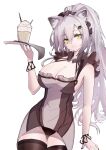  1girl animal_ear_fluff animal_ears arknights bare_shoulders black_nails black_panties breasts brown_dress brown_thighhighs cat_ears cleavage closed_mouth commentary_request cup dress drinking_glass grey_hair hand_up high_ponytail highres holding large_breasts long_hair nail_polish panties ponytail schwarz_(arknights) simple_background smile solo thigh_gap thighhighs underwear very_long_hair white_background yunlingluo 