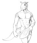  abelisaurid abs after_shower anthro athletic black_and_white carnotaurus covering covering_crotch covering_self dinosaur fist frown hi_res horn male monochrome nude reptile scales scalie simple_background solo theropod towel towel_only white_background zhaqez 