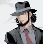  1boy beard black_eyes black_hair black_jacket cigarette collared_shirt facial_hair fedora foxvulpine grey_background hat jacket jigen_daisuke long_sideburns lupin_iii male_focus mature_male mouth_hold necktie red_necktie shirt short_hair sideburns smoke smoking solo twitter_username upper_body 