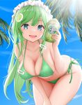  1girl aqua_eyes backlighting bikini blue_sky brand_name_imitation breasts cleavage collarbone commentary_request cup day disposable_cup fruit_hair_ornament gibun_(sozoshu) green_bikini green_hair hair_ornament hairband highres holding holding_cup large_breasts leaning_forward long_hair navel original outdoors palm_tree sky solo standing starbucks swimsuit thighs tree 