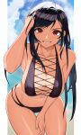  1girl absurdres adjusting_hair bikini black_bikini black_hair blue_sky breasts cleavage cloud collarbone earrings final_fantasy final_fantasy_vii grin hand_up highres jewelry large_breasts leaning_forward navel pillarboxed red_eyes sky smile solo stomach swimsuit temoc thighs tifa_lockhart 