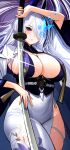 1girl absurdres azur_lane blush breasts bug butterfly dress floral_print hair_over_one_eye hand_up highres holding holding_sword holding_weapon japanese_clothes kaki_z3 large_breasts lips long_hair long_sleeves looking_at_viewer multicolored_hair parted_lips purple_eyes purple_hair side_slit solo streaked_hair sword tight_clothes tight_dress unzen_(azur_lane) very_long_hair weapon white_dress white_hair wide_sleeves 