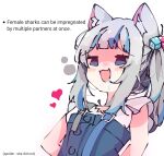  1girl animal_ear_fluff animal_ears blue_eyes blue_hair blunt_bangs blush buttons cat_ears commentary dice_hair_ornament drooling empty_eyes english_commentary english_text frilled_sleeves frills gawr_gura gawr_gura_(2nd_costume) grey_hair hair_ornament heart heart-shaped_pupils highres hololive hololive_english kemonomimi_mode koyoinacho looking_at_viewer medium_hair multicolored_hair official_alternate_costume one_side_up open_mouth pink_pupils saliva shaded_face shark_girl shirt short_sleeves sidelocks simple_background solo streaked_hair suspenders symbol-shaped_pupils upper_body virtual_youtuber white_background white_shirt 