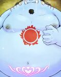  anthro belly black_hair blue_body blush bodily_fluids chiro_(artist) fish-men_(one_piece) hair jinbe male marine moobs navel obscured_face one_piece overweight saliva solo tattoo tusks womb_tattoo 