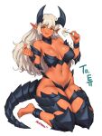  1girl artist_name black_horns breasts cleavage dark-skinned_female dark_skin demon_girl dragon_girl dragon_horns dragon_tail fang flower highres holding holding_flower horns large_breasts long_hair looking_at_viewer nestkeeper open_mouth original pointy_ears simple_background sitting slit_pupils smile solo tail tan wariza white_background white_flower white_hair yellow_eyes 