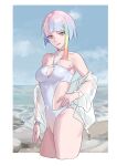  1girl absurdres ass beach bigroll blue_eyes blue_hair border breasts cyberpunk_(series) cyberpunk_edgerunners hand_on_own_hip highres lucy_(cyberpunk) multicolored_hair one-piece_swimsuit smile solo streaked_hair swimsuit thighs white_border white_one-piece_swimsuit 