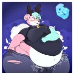  anthro belly big_belly blush bodily_fluids breasts butt clothed clothing deer digital_media_(artwork) expansion fart fur furr3ak gas hair holding_belly inflation male mammal simple_background solo text underwear wide_hips 