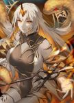  1girl ai_tkkm bare_shoulders blonde_hair breasts closed_mouth colored_inner_hair commentary covered_navel expressionless facial_mark fingernails fire_emblem fire_emblem_heroes grey_hair gullveig_(fire_emblem) highres horns long_hair looking_at_viewer magic medium_breasts multicolored_hair pale_skin parted_bangs single_horn snake snake_hair solo staff thighs two-tone_hair very_long_hair yellow_eyes yellow_nails 