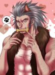  1boy animal_ears arm_hair bara dog_boy dog_ears hair_slicked_back hand_hair history1357 hunter_x_hunter kemonomimi_mode long_sideburns male_focus mature_male medium_hair mouth_hold muscular muscular_male paw_print pectoral_cleavage pectorals sideburns solo thick_eyebrows upper_body uvogin 