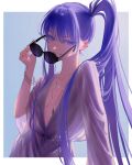  1girl blue_eyes bracelet breasts cleavage earrings fate/grand_order fate_(series) highres jewelry long_hair meltryllis_(fate) meltryllis_(swimsuit_lancer)_(fate) pendant purple_hair purple_nails side_ponytail small_breasts smile sunglasses tsuji_yashiki 