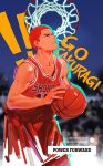  1boy abstract_background ball basketball_(object) basketball_jersey basketball_uniform black_eyes buzz_cut cropped_legs english_text highres holding holding_ball looking_up male_focus red_hair red_shorts red_tank_top sakuragi_hanamichi short_hair shorts slam_dunk_(series) solo sportswear tank_top toned toned_male very_short_hair zxs1103 