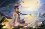  1girl absurdres animal_ears artist_request bare_shoulders bird braid braided_ponytail brown_hair bug cat cloud detached_sleeves douluo_dalu dress earrings firefly highres horizon jewelry looking_at_viewer moon necklace night rabbit_ears second-party_source sitting white_dress wind xiao_wu_(douluo_dalu) 