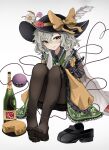  1girl alcohol ass black_pantyhose champagne cheese feet floral_print flower food full_body green_eyes green_hair green_skirt hat hat_flower highres holding holding_knife jacket knife komeiji_koishi looking_at_viewer ougiikun pantyhose pink_flower red_flower shoes skirt smile soles solo thighhighs toes touhou unworn_shoes white_background white_flower yellow_jacket 