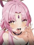  1girl absurdres bright_pupils fellatio_gesture forehead_jewel fu_xuan_(honkai:_star_rail) hand_up highres honkai:_star_rail honkai_(series) long_hair looking_at_viewer neinlol open_mouth parted_bangs pink_hair simple_background solo teeth tongue tongue_out upper_teeth_only white_background white_pupils yellow_eyes 