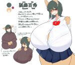  absurd_res anthro asian_clothing big_breasts blush bottomwear breast_squish breasts canid canine clothing denyfake dress_shirt ear_piercing ear_ring east_asian_clothing female fox green_hair hair hi_res huge_breasts japanese_clothing japanese_school_uniform japanese_text mammal piercing pleated_skirt red_eyes ring_piercing school_uniform shirt skirt solo squish sweater text topwear uniform young 