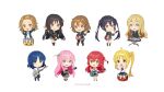  6+girls absurdres ahoge akiyama_mio artist_name bass_guitar black_hair blonde_hair blue_hair bocchi_the_rock! brown_eyes brown_hair chibi closed_mouth commentary crossover cube_hair_ornament cute_took drum drum_set drumsticks electric_guitar english_commentary gotou_hitori green_eyes grey_shirt grey_skirt guitar hair_ornament hairband hairclip highres hirasawa_yui holding holding_drumsticks holding_instrument ijichi_nijika instrument k-on! keyboard_(instrument) kita_ikuyo kotobuki_tsumugi long_hair looking_at_viewer multiple_girls nakano_azusa one_side_up open_mouth pink_hair pleated_skirt red_hair sakuragaoka_high_school_uniform school_uniform serafuku shimokitazawa_high_school_uniform shirt short_hair shuka_high_school_uniform side_ponytail simple_background sitting skirt smile standing tainaka_ritsu twintails watermark white_background white_shirt winter_uniform yamada_ryou yellow_hairband 