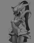  2019 3_fingers 3_horns alien alien_humanoid back_tentacles biped bottomwear breasts clothed clothing featureless_breasts featureless_crotch female fingers frill_(anatomy) grey_background head_crest head_frill horn humanoid medium_breasts monochrome multi_horn not_furry open_skirt partially_clothed portrait saryn_(warframe) simple_background skirt solo standing tentacles three-quarter_portrait three-quarter_view topless towerpractice warframe wide_hips 