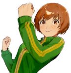  1girl blush brown_eyes brown_hair closed_mouth commentary_request dutch_angle eyelashes green_jacket hands_up highres jacket long_sleeves looking_at_viewer momotamago persona persona_4 satonaka_chie short_hair simple_background smile solo track_jacket upper_body white_background zipper 