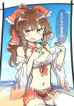  1girl adapted_costume ahoge armpit_crease bare_shoulders beach bikini blush bow breasts brown_eyes brown_hair cleavage commentary_request criss-cross_halter day detached_sleeves frilled_bow frilled_hair_tubes frills groin hair_bow hair_tubes hakurei_reimu half-closed_eyes halterneck hands_up horizon jitome long_sleeves looking_at_viewer matsu_kitsune medium_breasts midriff motion_lines navel open_mouth outdoors ponytail red_bow red_skirt sand see-through see-through_sleeves sitting skirt solo sweat swimsuit thighhighs touhou translation_request water white_thighhighs wide_sleeves 
