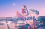  1girl absurdres aqua_hair blue_sky closed_eyes dress full_body gradient_sky grand_piano hair_ornament hatsune_miku highres holding holding_umbrella instrument long_hair moon piano purple_sky red_dress sky solo standing twintails umbrella very_long_hair vocaloid water white_footwear xixun 