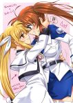  2girls artist_name blonde_hair blue_eyes blush breasts brown_hair dated fate_testarossa grin hair_ribbon highres hug large_breasts long_hair looking_at_another lyrical_nanoha magical_girl mahou_shoujo_lyrical_nanoha mahou_shoujo_lyrical_nanoha_a&#039;s mahou_shoujo_lyrical_nanoha_strikers military military_uniform miniskirt multiple_girls ponytail red_eyes ribbon san-pon simple_background skirt small_breasts smile takamachi_nanoha thighhighs tsab_executive_military_uniform uniform white_thighhighs yuri 