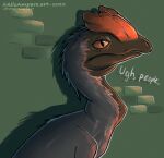  alloampere depression dilophosaurid dilophosaurus dinosaur feathered_dinosaur feathers feral hi_res male prehistoric reptile scalie sitting solo text theropod zane_(alloampere) 