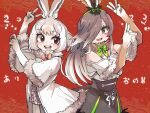  2girls animal_ears bow bowtie brown_eyes coat dress elbow_gloves european_hare_(kemono_friends) extra_ears gloves hair_over_one_eye highres kanmoku-san kemono_friends long_hair mountain_hare_(kemono_friends) multiple_girls rabbit_ears rabbit_girl red_background ribbon shirt short_hair simple_background skirt smile 