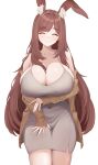  1girl absurdres animal_ear_fluff animal_ears blush breasts brown_hair cleavage closed_eyes commission covered_navel dress grey_dress highres huge_breasts jacket long_hair looking_at_viewer mole mole_under_mouth open_clothes open_jacket original rabbit_ears rabbit_girl simple_background smile solo very_long_hair white_background yn_6262 