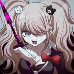  1girl :d artist_name bear_hair_ornament black_background black_bra black_shirt blood blood_on_weapon bow bra breasts cleavage danganronpa:_trigger_happy_havoc danganronpa_(series) enoshima_junko grey_background grey_eyes hair_ornament hair_over_one_eye large_breasts mikao_(eanv5385) necktie open_mouth polearm red_bow shirt simple_background smile solo spear underwear weapon 