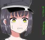  1girl black_background black_hair goddess_of_victory:_nikke hat highres milk_(nikke) piledoraiba shirt short_hair simple_background sports_bra surprised sweat sweatdrop tank_top teeth white_shirt yellow_eyes 