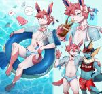  &lt;3 2023 anthro blush bulge clothed clothing dialogue eeveelution english_text fur generation_1_pokemon generation_3_pokemon generation_6_pokemon girly group hair hi_res luvdisc male navel navel_piercing nintendo piercing pink_body pink_fur pink_hair pokemon pokemon_(species) remibun sylveon text vaporeon white_body white_fur 