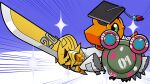  agumon_hakase artist_request digimon digimon_(creature) hat holding holding_shield holding_sword holding_weapon lab_coat ludomon mortarboard official_art shield sleeves_past_fingers sleeves_past_wrists sparkle sword weapon zubamon 