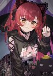  1girl :3 animal_ears black_hoodie black_nails black_ribbon blush cat_ear_hairband cat_ears chain collar commentary_request crossed_bangs drawstring fake_animal_ears hair_ribbon heart hood hood_down hoodie jirai_kei long_hair long_sleeves looking_at_viewer multicolored_hair nail_art nail_polish nekota_tsuna nekota_tsuna_(2nd_costume) paw_pose plaid plaid_skirt red_hair ribbon shakkiyi skirt solo streaked_hair stuffed_animal stuffed_toy twintails virtual_youtuber vspo! waving yellow_eyes 