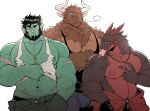  3boys aldere_(kokukokuboo) animal_ears baggy_clothes bara beard belly black_hair black_tank_top brown_fur casual chest_hair chest_tuft clothes_lift colored_skin cow_ears cow_horns cowboy_shot dragon_boy dungeons_and_dragons facial_hair furry furry_male garza_(kokukokuboo) green_skin groin hand_in_pocket head_tilt highres horns huge_eyebrows huge_pectorals jorunga_(kokukokuboo) kokukokuboo large_areolae large_pectorals lifted_by_self looking_at_viewer male_focus male_underwear male_underwear_peek mature_male midriff_peek minotaur monster_boy multiple_boys muscular muscular_male navel_hair necklace_between_pecs nipples one_eye_closed orc original pectorals plump pointy_ears scales scar scar_on_face scar_on_nose shirt_lift short_hair sweat tank_top thick_eyebrows tusks underwear white_tank_top 