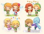  1boy 4girls ^_^ beamed_eighth_notes belt belt_buckle blonde_hair blue_dress boots brown_belt brown_footwear buckle chibi circlet closed_eyes closed_mouth commentary dress earrings eighth_note elbow_gloves english_commentary enni fairy fi_(zelda) floating flower gloves grass green_headwear green_tunic hair_flower hair_ornament hands_up harp hat highres holding holding_instrument instrument jewelry light_brown_hair link long_hair long_sleeves malon marin_(the_legend_of_zelda) multiple_girls multiple_views music musical_note navi neckerchief ocarina open_mouth orange_neckerchief pan_flute parted_bangs pink_dress playing_instrument pointy_ears princess_zelda red_flower red_ribbon ribbon sandals short_hair sidelocks simple_background singing smile staff_(music) standing swept_bangs the_legend_of_zelda the_legend_of_zelda:_link&#039;s_awakening the_legend_of_zelda:_ocarina_of_time the_legend_of_zelda:_skyward_sword the_legend_of_zelda:_spirit_tracks the_legend_of_zelda:_the_wind_waker toon_link toon_zelda tunic white_dress white_gloves young_link 