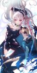  1girl armor ascot barefoot black_thighhighs breastplate breasts bridal_gauntlets cape cleavage corrin_(female)_(fire_emblem) corrin_(fire_emblem) fire_emblem fire_emblem_fates hair_between_eyes hairband highres holding holding_sword holding_weapon long_hair looking_at_viewer medium_breasts norimaki_(nrmk_norinori) pink_eyes pointy_ears simple_background solo stirrup_legwear sword thighhighs toeless_legwear torn_cape torn_clothes very_long_hair weapon white_ascot white_background white_hair 