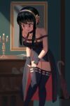  1girl black_dress black_hair black_thighhighs breasts candle candlestand cleavage dress earrings gold_earrings gold_hairband hairband highres indoors jewelry la2years mirror red_eyes solo spy_x_family thighhighs two-sided_dress two-sided_fabric umbrella yor_briar 