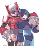  2boys arm_around_shoulder armor blonde_hair blue_eyes codpiece forehead_jewel gauntlets gloves green_eyes helmet highres long_hair looking_at_another mega_man_(series) mega_man_x_(series) multiple_boys phfr3843 ponytail shoulder_armor smile vani. white_background x_(mega_man) zero_(mega_man) 