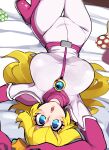  1girl :o absurdres belt blonde_hair blue_eyes bongfill boots breasts elbow_gloves gloves highres large_breasts long_hair looking_at_viewer lying mario_(series) on_back open_mouth pink_gloves princess_peach solo thigh_gap upside-down 