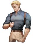  1boy blonde_hair blue_shirt collared_shirt cowboy_shot goggles grey_pants highres jujutsu_kaisen male_focus muscular muscular_male nanami_kento necktie pants rahato shirt short_hair solo standing veins veiny_arms watch white_background wristwatch yellow_necktie 