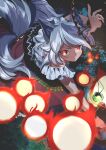  1girl absurdres animal_ears closed_mouth danmaku dog_ears dog_tail foothold_trap grey_hair highres mitsugashira_enoko multiple_tails purple_skirt red_eyes saba_no_kanzume short_hair skirt smile solo tail touhou 