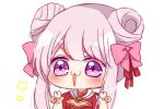  0725akaba 1girl blush bow china_dress chinese_clothes double_bun double_v dress hair_bow hair_bun hands_up highres himehina_channel long_hair multicolored_hair open_mouth pink_bow pink_hair puffy_short_sleeves puffy_sleeves purple_eyes red_bow red_dress red_hair short_sleeves sidelocks simple_background solo star_(symbol) streaked_hair tanaka_hime upper_body v v-shaped_eyebrows virtual_youtuber white_background 