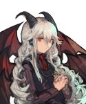  1girl bangs black_vest cross demon_girl demon_horns demon_wings formal funamusea haiiro_teien hair_between_eyes horns long_hair looking_at_viewer necktie parted_bangs praying radishcarbon red_eyes red_nails red_necktie reficul solo very_long_hair vest white_hair wings 