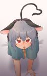  1girl absurdres all_fours animal_ears blush capelet commentary_request dress floppy_ears full_body green_capelet greenpiecerice grey_dress grey_hair hair_between_eyes highres long_bangs mouse_ears mouse_girl mouse_tail nazrin open_mouth red_eyes saliva saliva_trail short_hair solo tail touhou v-shaped_eyebrows 